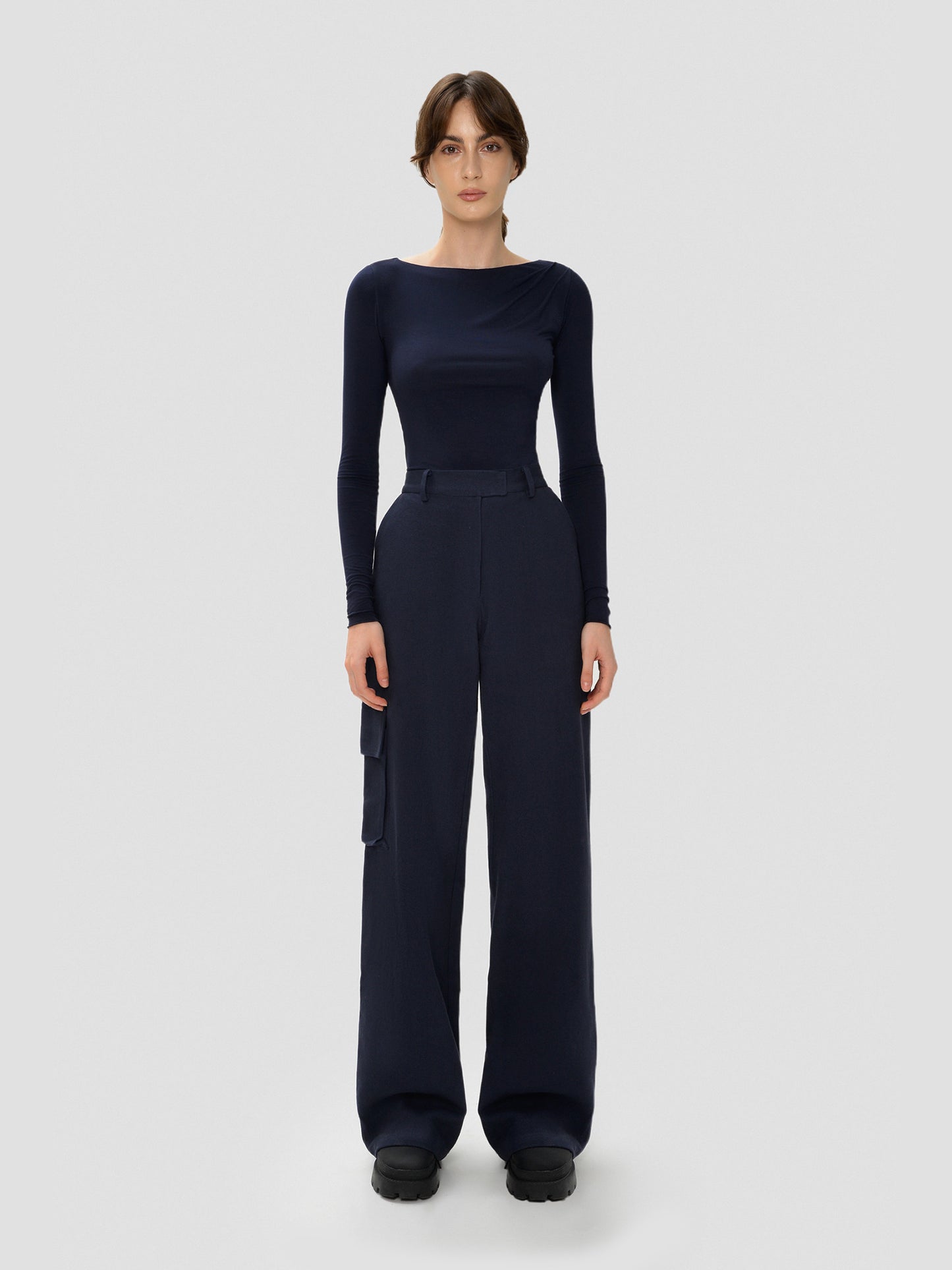 Navy Long Sleeve Draped Top