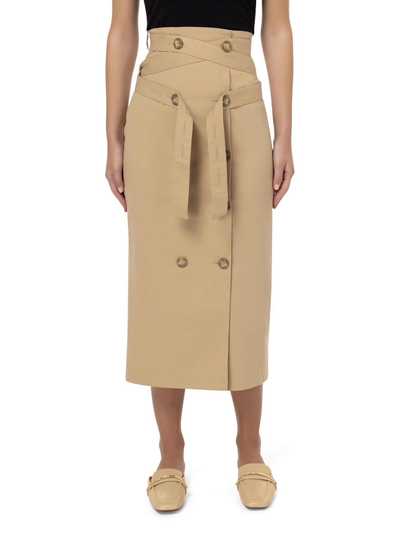 Beige long belted skirt