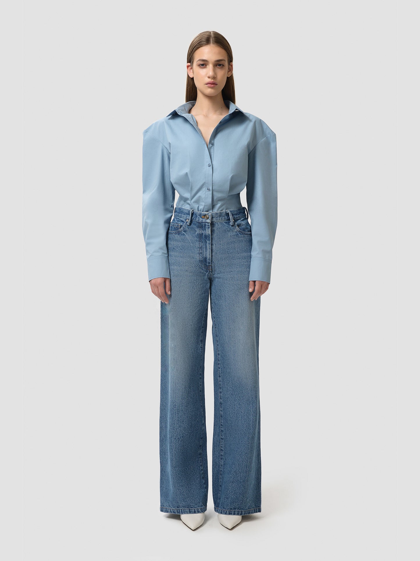 Washed Denim Wide Leg Pants